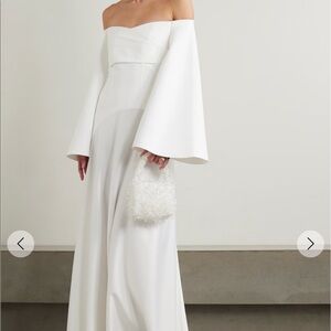 Solace London rina off the shoulder draped crepe and satin gown